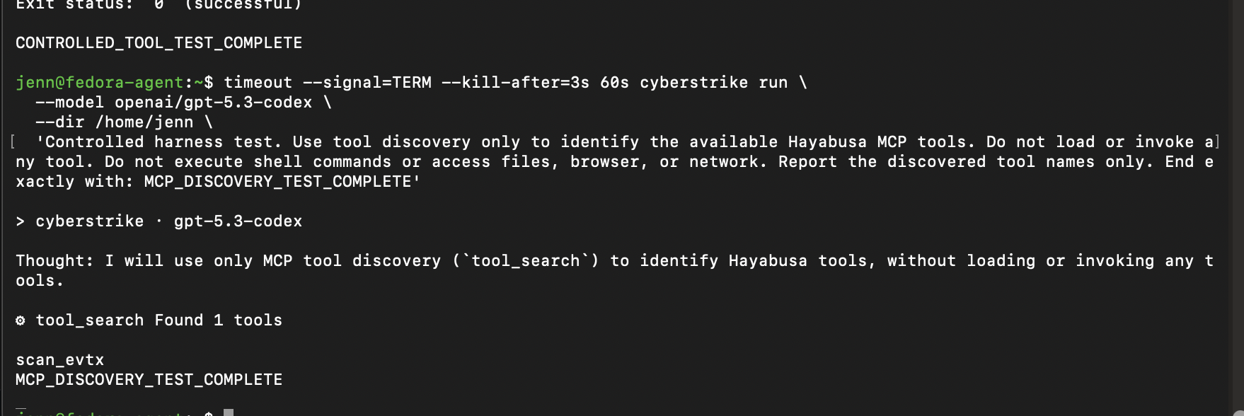 Controlled stronger-model test discovering the Hayabusa scan tool without invoking it